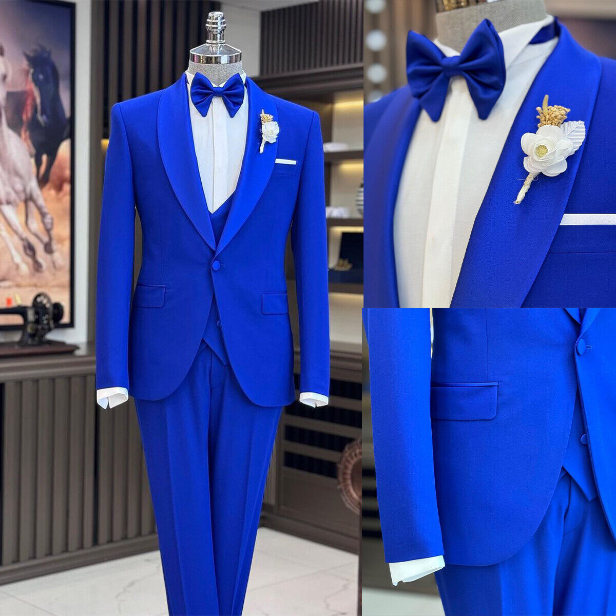 Men Suit Royal Blue Piece Formal Party Dinner Prom Groom Tuxedo Wedding  Custom