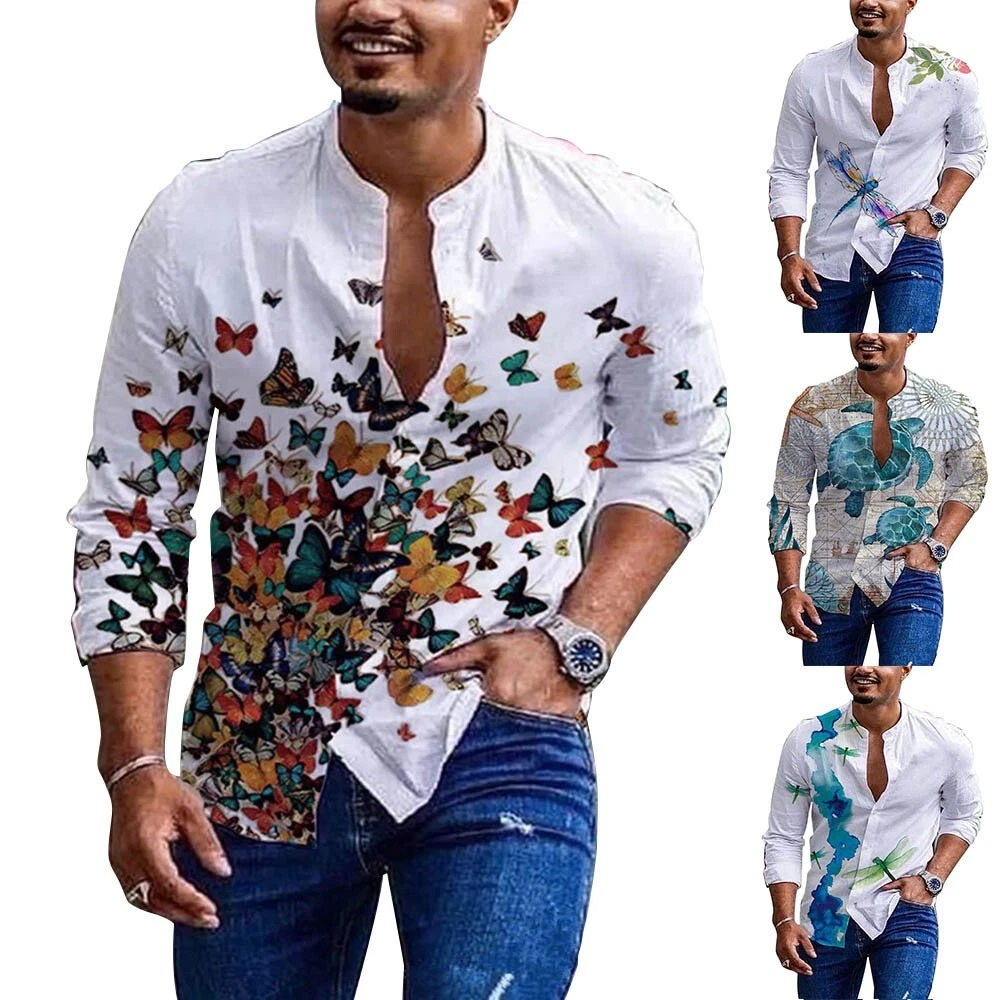 Men s Loose Hawaiian Printed Button Down Cardigan Casual Long Sleeve Shirts