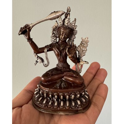 Antique Copper Oxidized Fine Quality Manjushree Statue, Bodhisattva of Wisdom