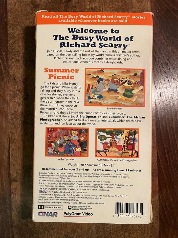 Busy World Richard Scarry Summer Picnic VHS 1993 Video Tape 2 Other Stories A7 Foto 2 de 3