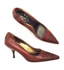 Womens - PRADA - Classic Brown Leather Stitched Brogue High Heels Pumps 5.5 36