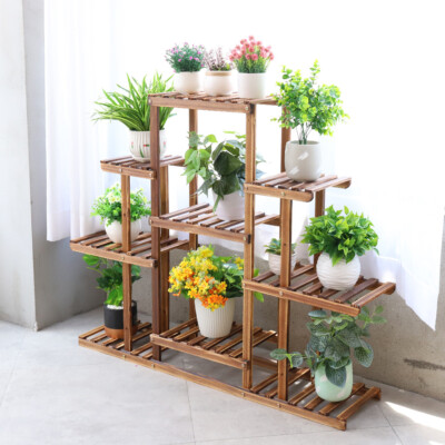9 Tier Large Carbonized Wood Plant Stand Flower Pot Display Shelf Indoor  Outdoor | eBay