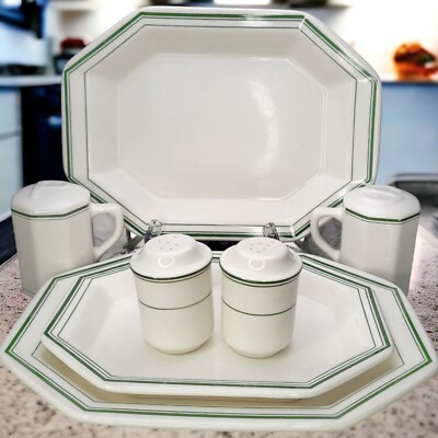 Lot Of 7 Sterling China Restaurant Ware Green Bands Platter Salt & Pepper Vtg. 