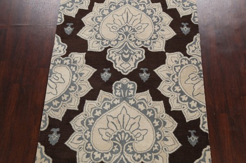 Alfombra de lana tradicional artesanal geométrica marrón oscuro 5'x8' - Imagen 3 de 12
