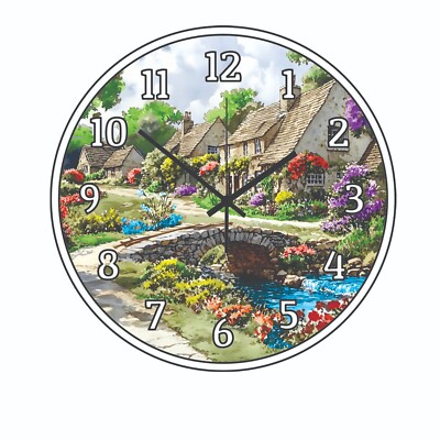Old English Cottage In Vermont Floral Art  Pond Wall Clock a Hanging Time Piece
