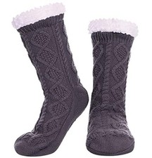 Womens Slipper Socks Winter Warm Fleece Lined Socks Cozy Dark Gray Rhombic