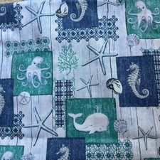 Ocean Beach Fabric 2 3/4 Yard Cotton Blue Green Seahorse Whale Octopus Sea Life