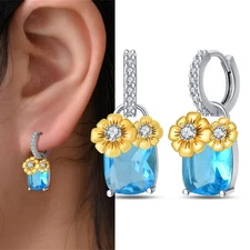 KUNSIR Sterling Silver Blue Zircon Daisy Drop Earrings For Women Jewelry Gifts