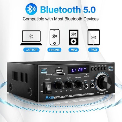 Stereo Receiver AK45: Bluetooth 5.0 300Wx2 Max Power Home Audio Amplifier