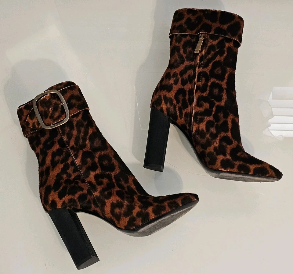 SAINT LAURENT Joplin 小马毛豹纹靴子女式 39.5 码 US 9 正品! — 第 4/4 张图片