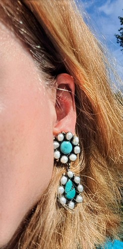 Federico Jimenez Sterling Turquoise Baroque Pearls Dangle Drop Earrings Clip On - Picture 8 of 10