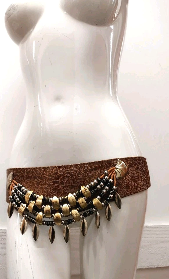 Cinturón Tribal Vintage Metal Dorado Camel Marrón Cocodrilo Bronce Abrazador de Cadera Años 80 M/L 32 Foto 4 de 4