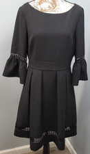 Eliza J Fit & Flare Dress Women 10 Black Lined Crochet Trim Bell Sleeve Back Zip