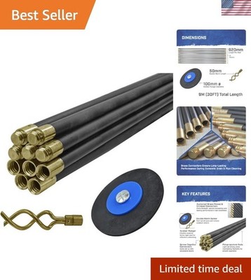 Drain Rod Set 9M 30ft 10 x Rods, Plunger, Worm. Brass Rod Commectors