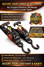 2-Pack 10FT Retractable Ratchet Tie-Down Straps  1500LBS Heavy-Duty  S-Hook