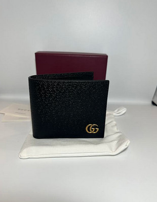 GG Marmont Bi fold Black Leather Wallet Gold GG Logo Mens Authentic