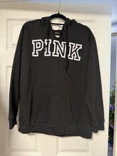 Victoria s Secret PINK Black Hoodie Pullover Sweatshirt Logo Graphic Women s L