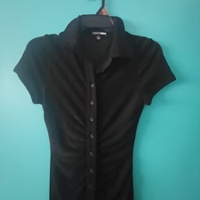 Fashion Nova Black Collared Button Shirt Dress S Ruched Jersey Cap Sleeve