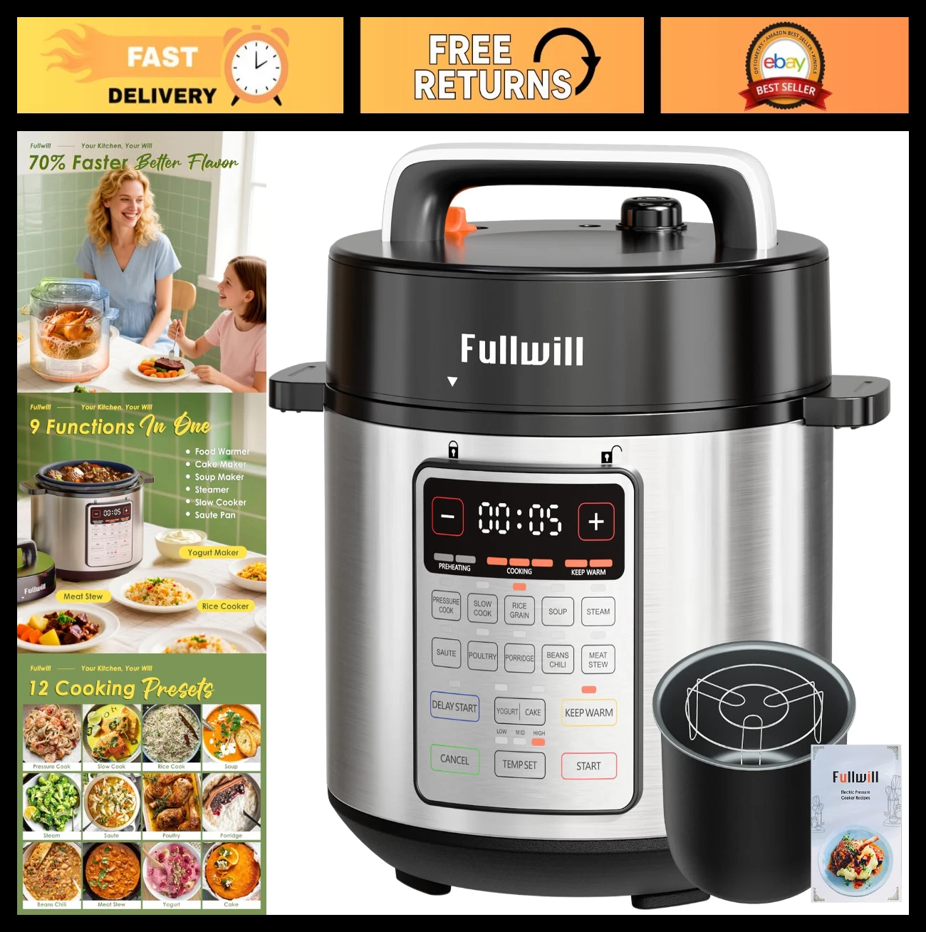 9-in-1 Electric Pressure Cooker, 12 Presets Multi Cooker, 6Qt Nonstick Pot, Slow