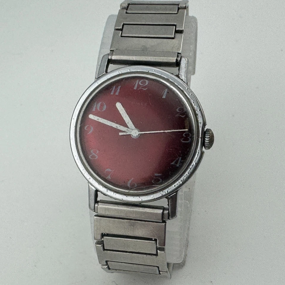 复古 Timex Mercury 手表男士银色红色手上发条机械弹力 ~ 运行和停止 — 第 2/4 张图片
