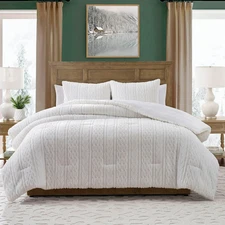 My Texas House Anabel Carved Fur 3-Piece White Faux Rabbit Fur Comforter Set, Ki