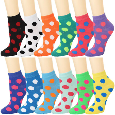 12 Pairs Assorted Colors Polka Dot Pattern Women Athletic Sport Ankle Socks 9-11