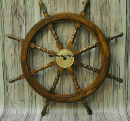 36 Inch Big Ship Steering Wheel Wooden Antique Teak Brass Nautical Pirate Ship's - Afbeelding 1 van 11