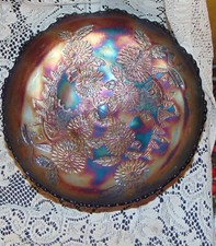 Carnival GlassBoat-Windmill Leaf Chain 10" Amethyst Iridescent Uranium 3footBowl