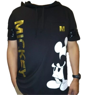 Disney Mens Black Hooded Mickey Mouse Short Sleeved Shirt w/Pocket