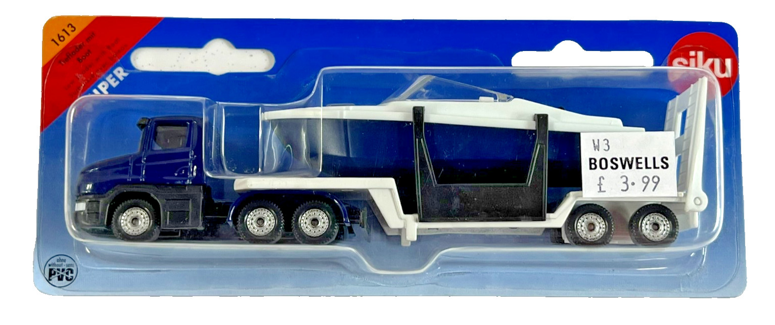 Siku 1613 Low Loader with Speed Boat 1:87 Scale Blue Truck Trucks Lorry