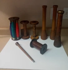 Lot Antique Wooden Yarn Thread Wool Spool Spindle & other textile Spools Bobbins