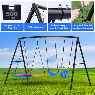 4 in 1 Metal Swing Set with 3 Swings Baby Swing Backyard Heavy Duty Swing Frame