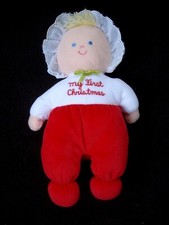 Vintage Eden "My First Christmas" Red White Velour Doll Check Bonnet 10"