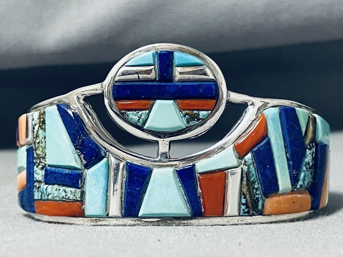 CHARLES CHEE VINTAGE NAVAJO TURQUOISE INLAY STERLING SILVER