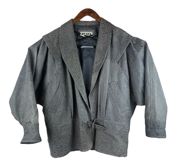 Ozara Women’s Grey Green Textured Lambskin Leather Buckle Front Jacket - Size 12