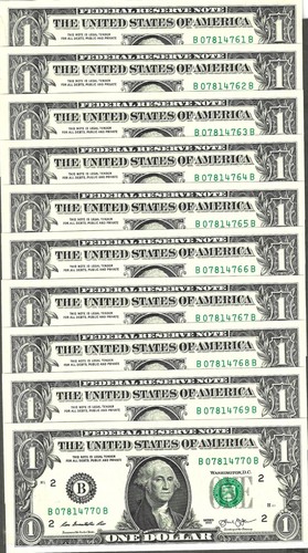 10 Consecutive 2013 $1 BB Block FRNs - Gem Crisp Uncirculated