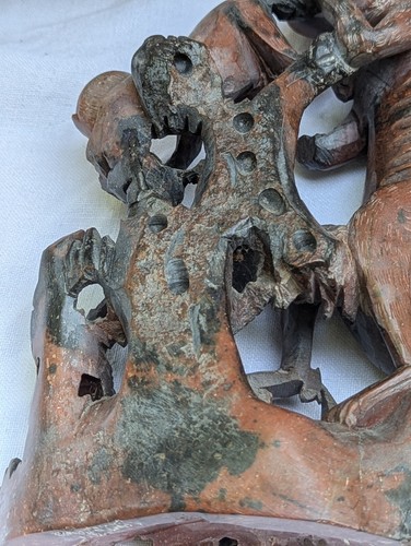 ANTIQUE 1890 CHINESE SOAPSTONE HAND CARVED FIGURINE MONKEYS BIRDS RED/BLACK - Picture 21 of 24