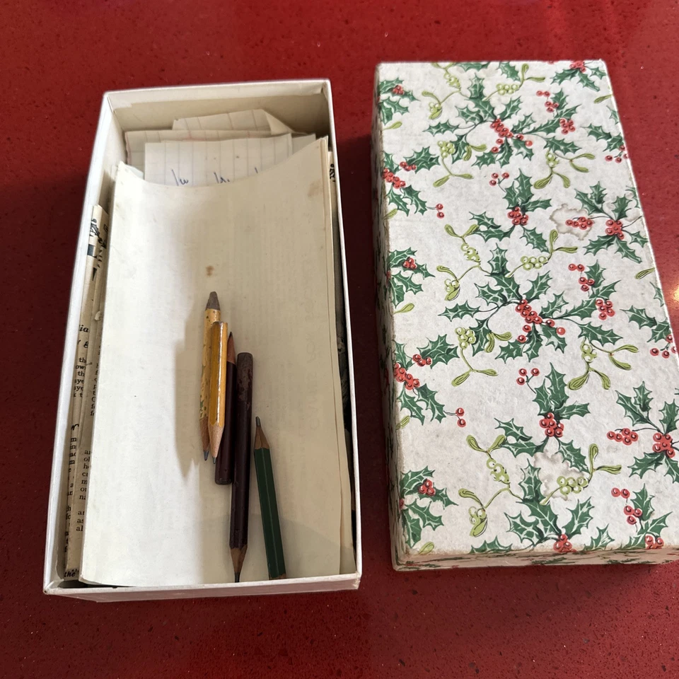 Vintage Christmas Box With 1960s Family Games Guide Newspaper Cuttings-Pencils - Image 3 of 4