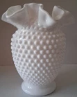 Fenton White Milkglass Hobnail Ruffled Double Crimped Glass Vase 6" Tall Vintage