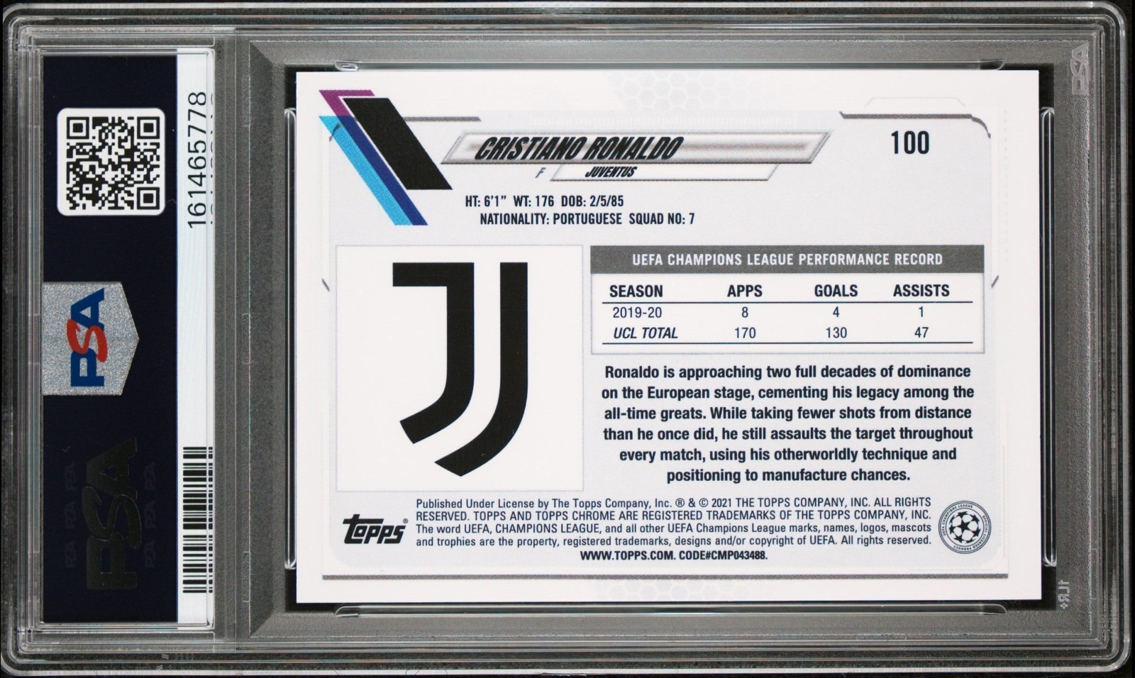 2020-21 Topps Chrome UEFA Champions League #100 Cristiano Ronaldo JUVENTUS PSA 6 view 2