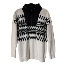 T by Talbots Pullover Women L White Black Quilted Quarter Zip Geometric Sweater