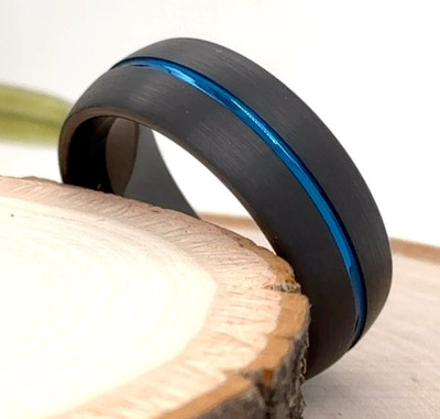 8mm Black Tungsten Women s Band   Blue Groove Inlay Engraved Christmas Gift Ring