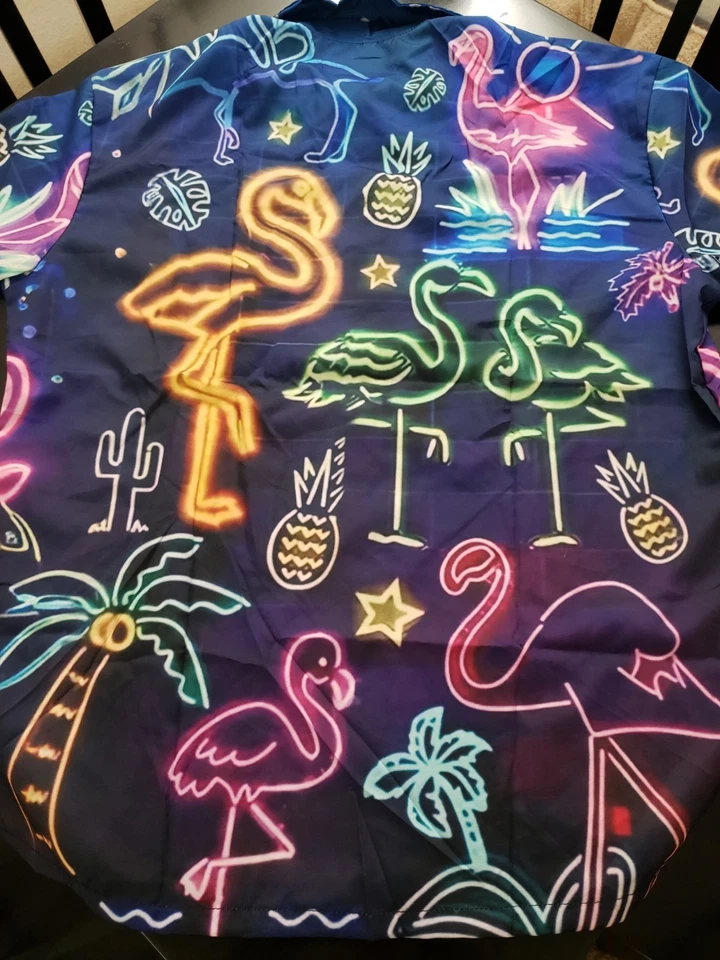 Men's Hawaiian Shirt Neon Flamingos Button-Up Size L Martini Lounge Bowling - Image 2 of 4