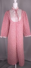 Vintage Quilted Housecoat Robe Womens M L Pink White Floral Zip Front 70s