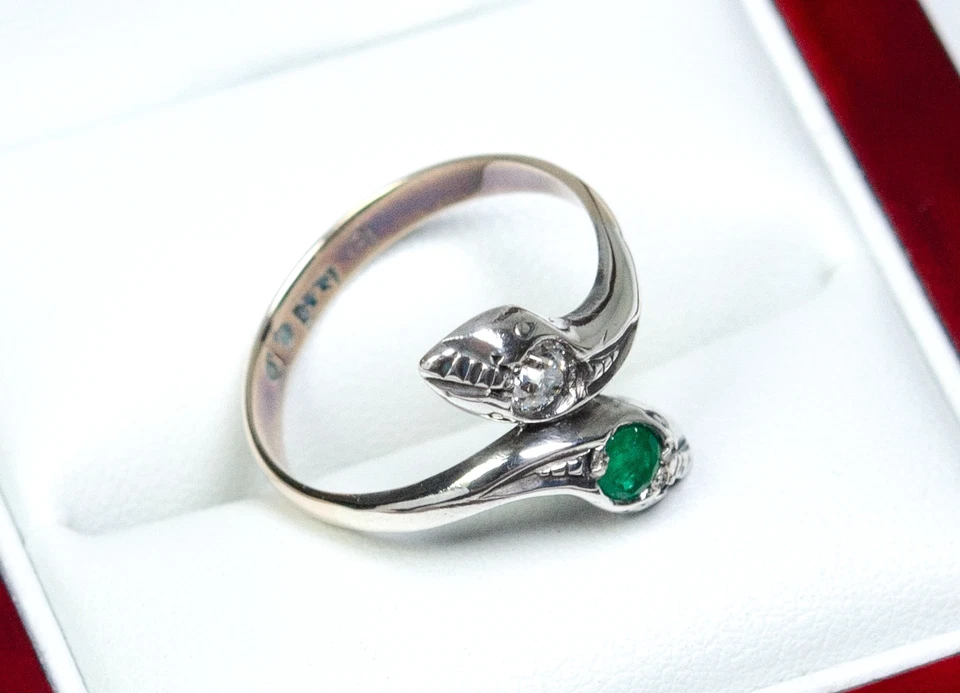 8K Gold/ Silber - antiker Jugendstil Schlangen-Ring - 0.20 ct Diamant - Smaragd - Bild 4 von 4