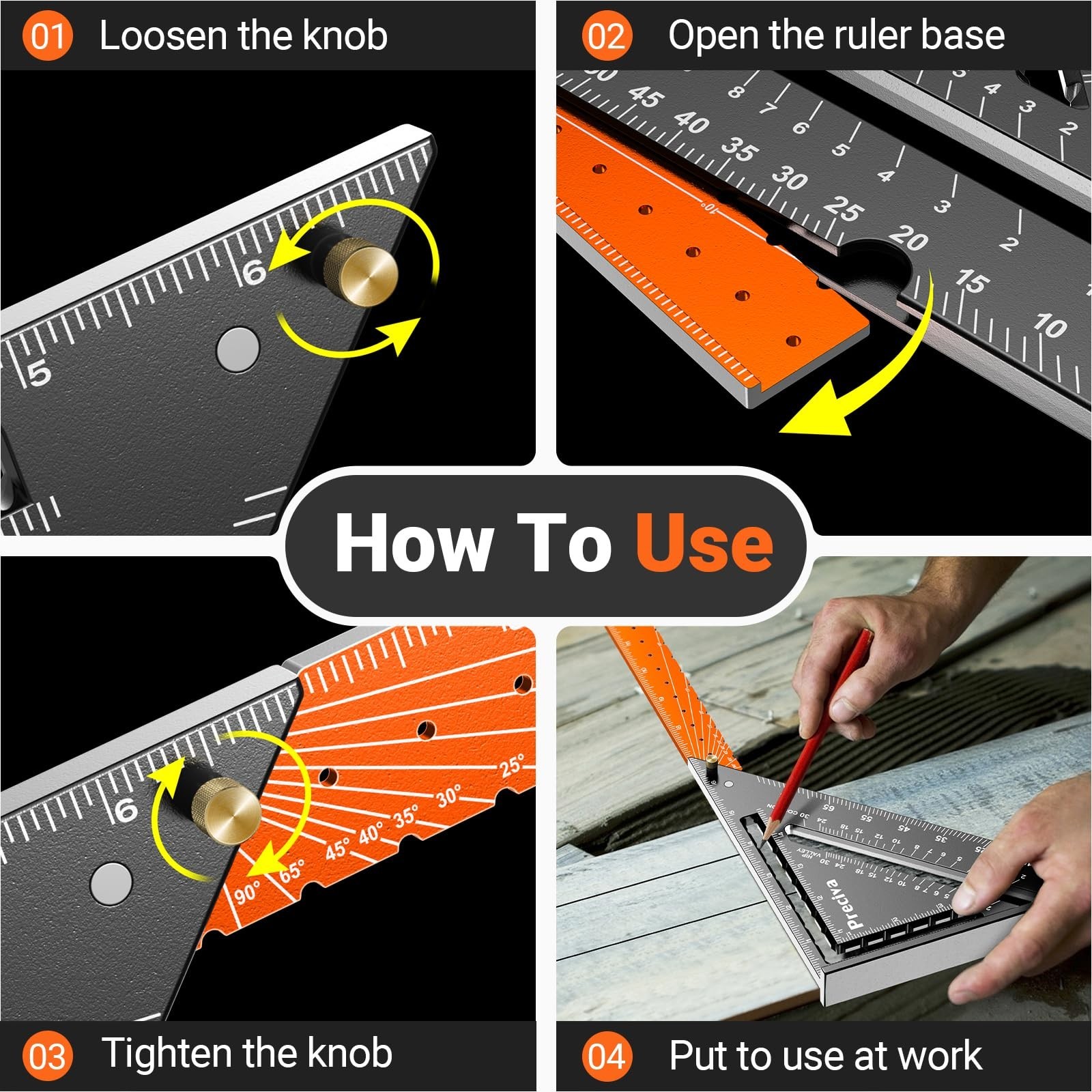 Preciva Foldable Carpenter Square Ruler, 12" (1/16" Scale) Aluminum Alloy Raf...