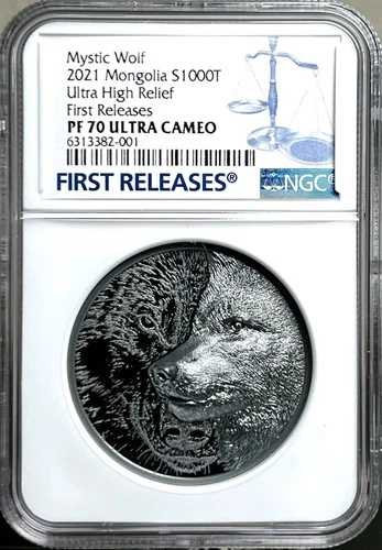 2021 Mystic Wolf Mongolia S500T 1 oz .999 Silver Coin NGC PF70 FR Limited