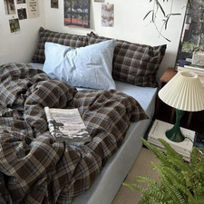Plaid Duvet Cover Set Full Size,Brown Blue Gingham Patterned Bedding Set for Gir