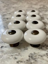 Set of 8 Milk White Porcelain Brass Antique Knobs Drawer Pulls With Hardware