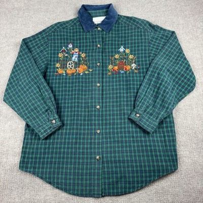 Vintage Casey & Max Shirt Womens L Green Plaid Fall Harvest Embroidered Pumpkin